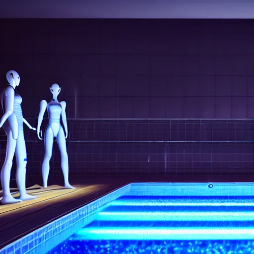 Prompt: a group of androids about to jump in a swimming pool ultra realistic, lens flare, atmosphere, glow, detailed, intricate, full of colour, cinematic lighting, trending on artstation, 4 k, hyperrealistic, focused, extreme details, unreal engine 5, cinematic, masterpiece, ultra realistic, hyper realistic, highly detailed, sharp focus, digital art