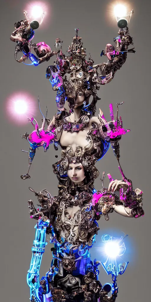 Image similar to full-body baroque and cyberpunk style sculpture of a young seductive Hispanic prince half android with a chest exposing a glowing gemstone battery and a CRT monitor face, glowing pink seductive laser eyes, crown of blue gears and diamonds, swirling salmon-colored silk fabric, robotic raptors dinosaurs. baroque elements. full-length view. intricate artwork by caravaggio. art by Artgerm and Greg Rutkowski and Alphonse Mucha and Tooth Wu and Beeple, Trending on artstation, cinematic industrial lighting, hyper realism, octane render, 8k, depth of field, 3D