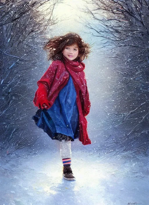 Prompt: a two year old girl with short wavy curly light brown hair and blue eyes wearing colorful winter clothes is running in a snowy field. beautiful painting by artgerm and greg rutkowski