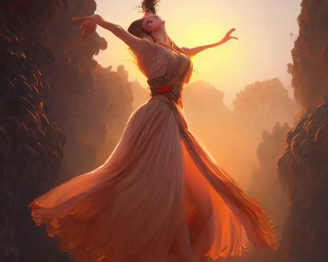 Prompt: woman dancing in extacy, sunset, deep focus,, fantasy, intricate, elegant, highly detailed, digital painting, artstation, concept art, matte, sharp focus, illustration, hearthstone, art by artgerm and greg rutkowski and alphonse mucha