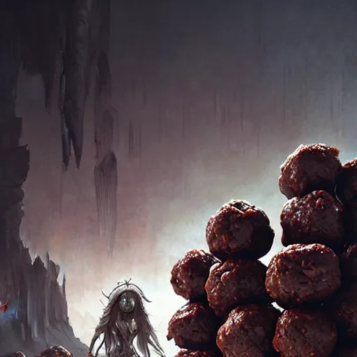 Image similar to salty chocolate meatballs, there are ruins of ancient civilization, ultra high definition, ultra detailed, symmetry, sci - fi, dark fantasy, in style of heavy metal comic, dark and horror style, metal by greg rutkowski and ross tran