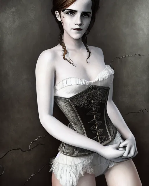 Image similar to full shot portrait painting of very beautiful emma watson standing as white maiden in revealing stockings corset noir streets, character design by mark ryden and pixar and hayao miyazaki, unreal 5, daz, hyperrealistic, octane render, cosplay, rpg portrait, dynamic lighting, intricate detail, cinematic