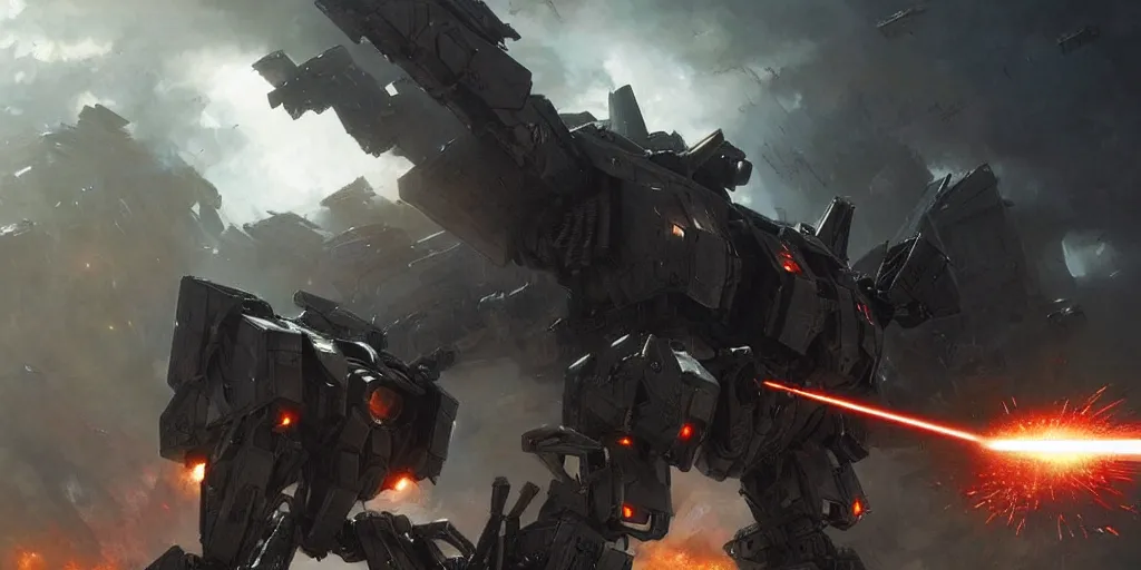 Prompt: an armored core v on the ground, booster flares, legs, laser rifles, karst landscape ; cinematic contrast, dynamic backlighting, sharp edge, motion blur, art by greg rutkowski