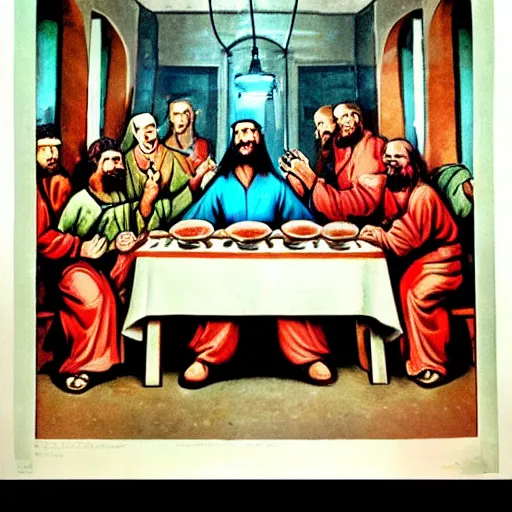 Prompt: a World War II Russian Soviet propaganda poster of The Last Supper