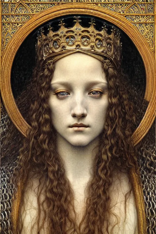 Image similar to detailed realistic beautiful young medieval queen face portrait by jean delville, gustave dore and marco mazzoni, art nouveau, symbolist, visionary, gothic, pre - raphaelite. horizontal symmetry