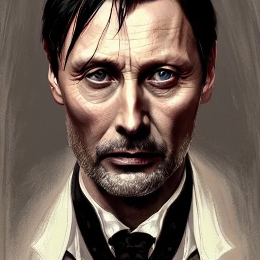 Image similar to portrait of Mads Mikkelsen as Sherlock Holmes, elegant, intricate, headshot, highly detailed, digital painting, artstation, concept art, sharp focus, illustration, art by artgerm and greg rutkowski and alphonse mucha