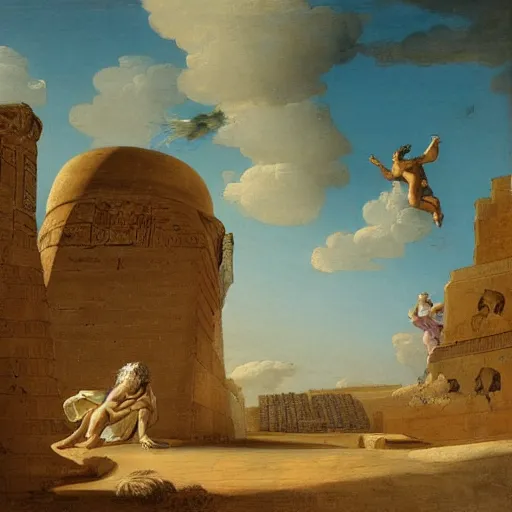 Image similar to egyptian man with long curly hair skydiving, giovanni paolo panini, versailles, jose miguel roman frances, dreamy clouds, pastel colors