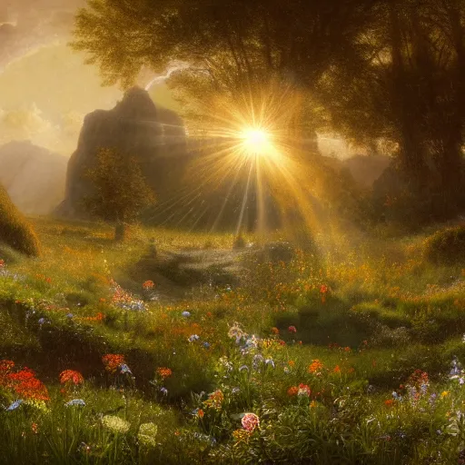 Image similar to rhythmic interval tectonic surfaces as resonant waves of harmonic organic mystical megastructure crystal lattice architectures exploding with light and god rays in a meadow full of wildflowers by albert bierstadt, by glen small, by giovanni battista piranesi, photorealistic, god rays, octane render, depth of field, volumetric light, volumetric fog, holy spirit