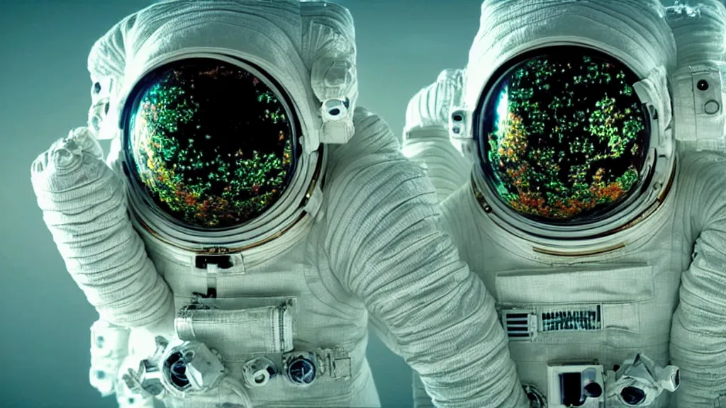 Image similar to a single astronaut eva suit covered in diamond 3d fractal lace iridescent bubble 3d skin and covered with insectoid compound eye camera lenses floats through the living room, film still from the movie directed by Denis Villeneuve with art direction by Salvador Dalí, wide lens,