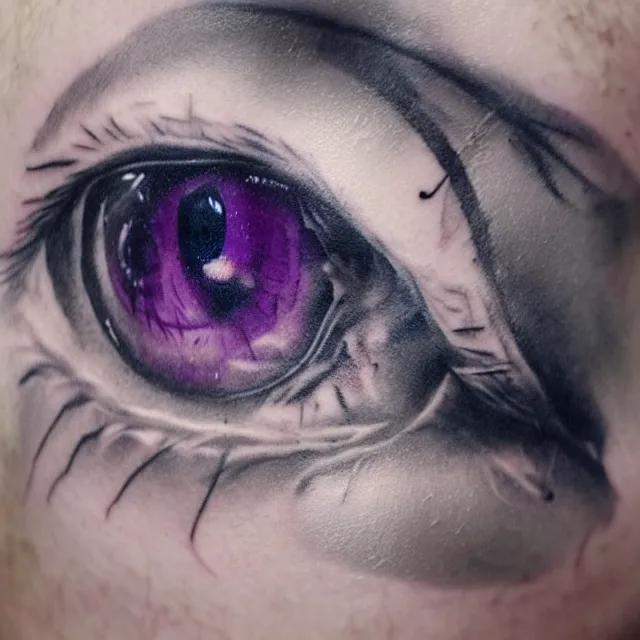 Prompt: tattoo of an eye by charlie bowater and titian and artgerm, macro, close - up, intricate, forest, elegant, purple mist, beautiful, highly detailed, dramatic lighting, sharp focus, trending on artstation, artstationhd, artstationhq, unreal engine, 4 k, 8 k