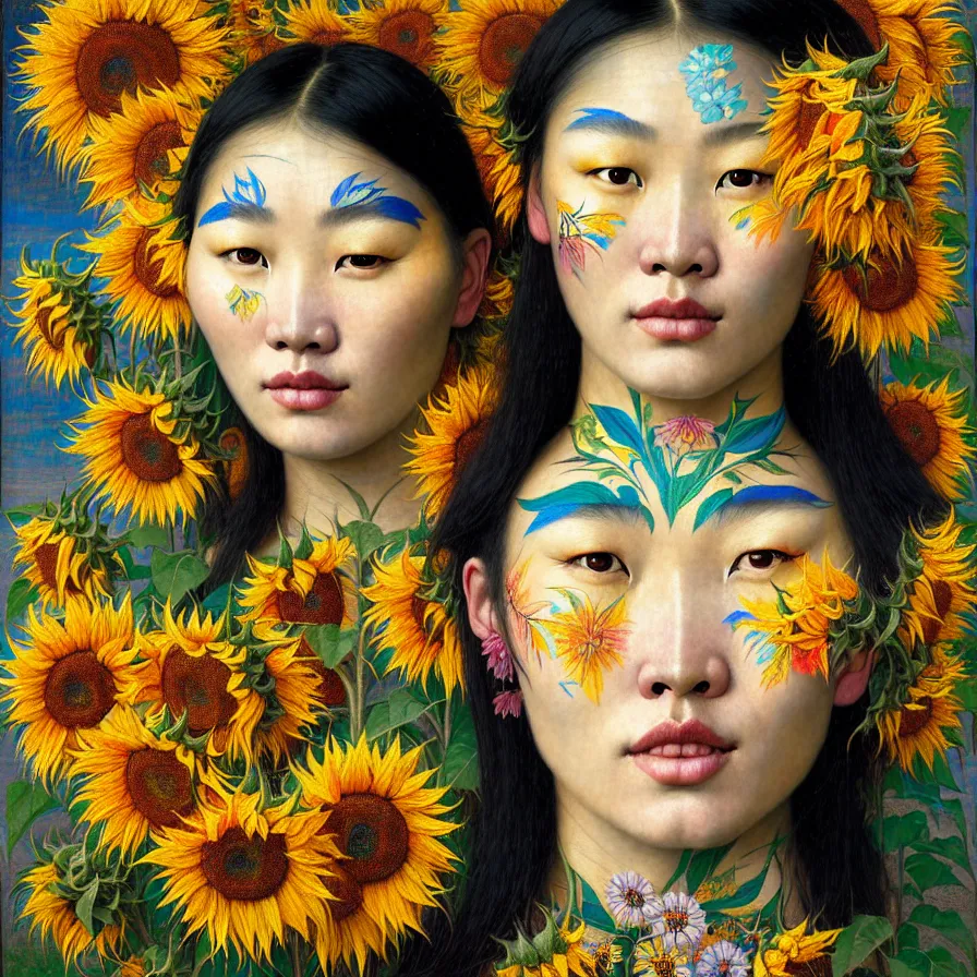 Image similar to portrait of only one beautiful mongolian woman wearing colourful face paint surrounded by bright intricate patterns of sunflowers and other plants, by edgar maxence and caravaggio and michael whelan, intricate painting, hyperrealistic, finely detailed and beautiful aesthetic face, 8 k resolution