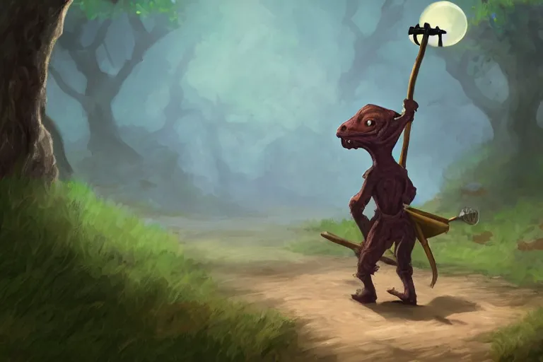 Image similar to a lone d & d kobold, traveling long dirt road, carrying a bindle on a stick, fantasy setting, 4 k, digital art 🎨🖌