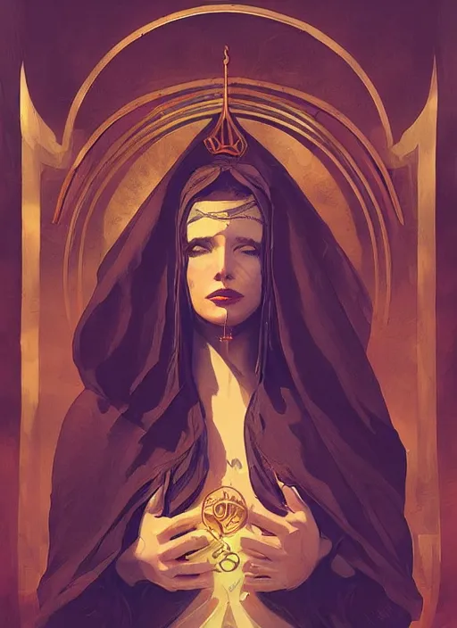 Image similar to tarot!!, high priestess, no noise, elegant, concept art, sharp focus, beautiful face!!, digital art, smooth defined outlines!!, human anatomy, human structure, vector background, dark fantasy, by Brom, trending on Artstation, Tom Bagshaw, Sargent