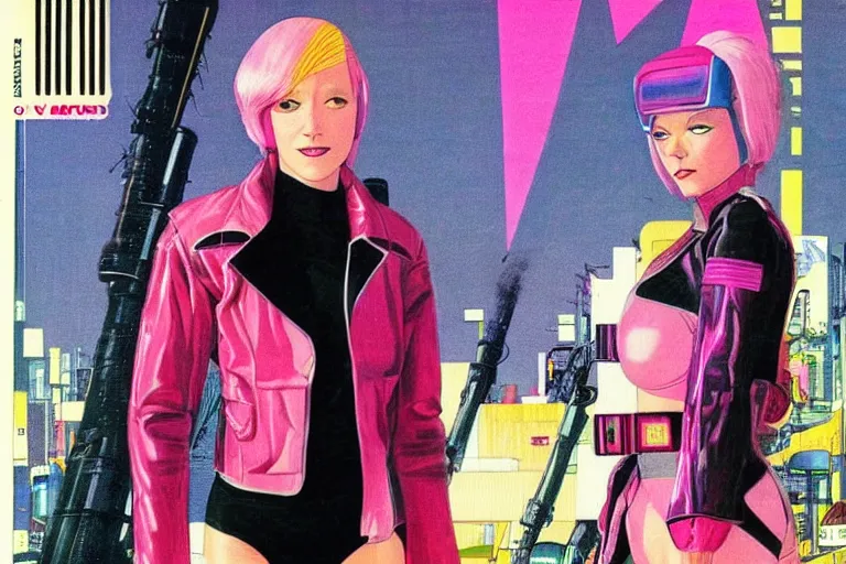 Prompt: 1979 OMNI Magazine Cover of Chrome woman with Pink hair and a leather jacket. neo-Tokyo streets behind her. in cyberpunk style by Vincent Di Fate