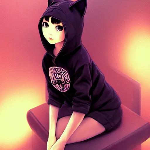 Image similar to very small little girl in a cat hoodie by ross tran, sitting in a dark room by sana takeda, rtx reflections, very high intricate details, digital anime art by artgerm, medium shot, mid - shot, composition by ilya kuvshinov, lighting by greg rutkowski