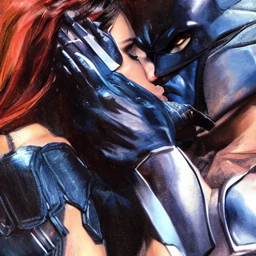 Image similar to close up of nightwing and bat girl kissing in full leather armor, cinematographic shot, by daniel f. gerhartz