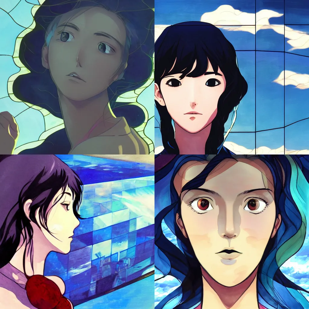 Prompt: a painting of a woman's face with a sky background, a comic book panel by makoto shinkai, featured on pixiv, crystal cubism, stained glass, made of glass, official art