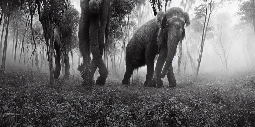 Image similar to a Sebastião Salgado's photograph of a mammoth walking in a dense tropical forest, 4k, award wining