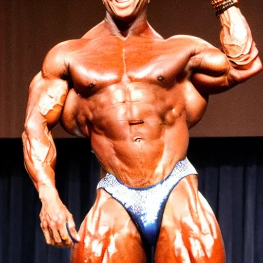 Prompt: scrawny bill gates winning bodybuilding competition, international mr. universe professional competition winner bill gates, small nerd scrawny