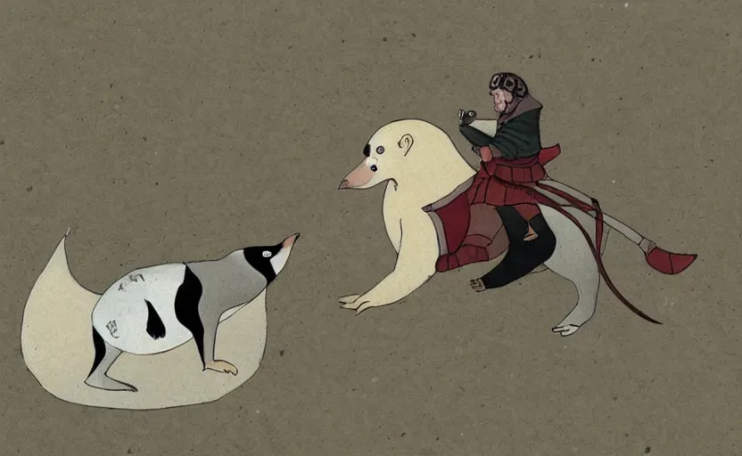 Image similar to A penguin, riding a polar bear, in an epic medieval battle