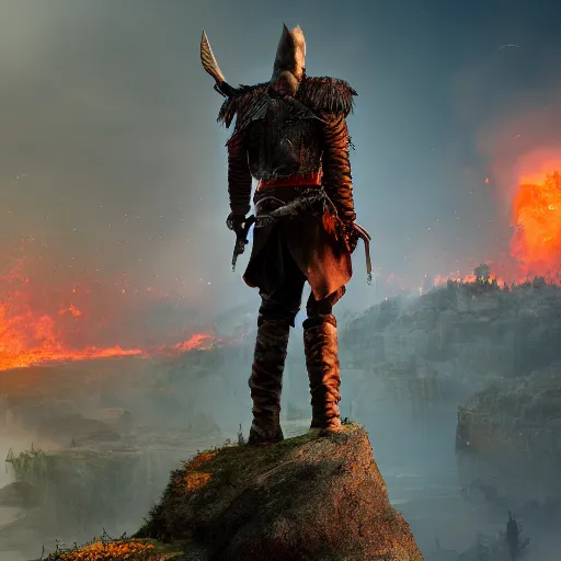 Prompt: warlord standing over a cliff with a city burning behind unreal 4k, digital art,