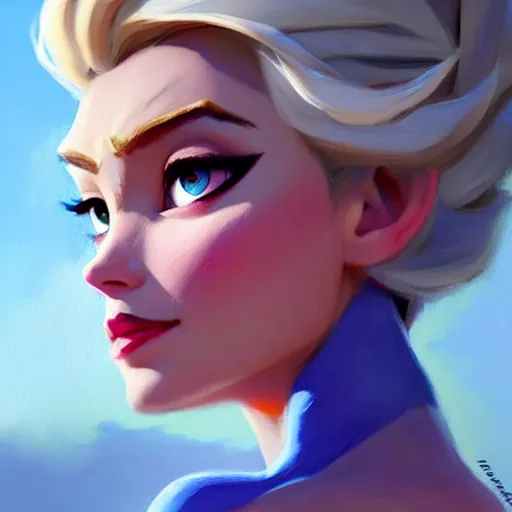 Image similar to Greg Manchess portrait painting of Elsa from Frozen as Overwatch character, medium shot, asymmetrical, profile picture, Organic Painting, sunny day, Matte Painting, bold shapes, hard edges, street art, trending on artstation, by Huang Guangjian and Gil Elvgren and Sachin Teng