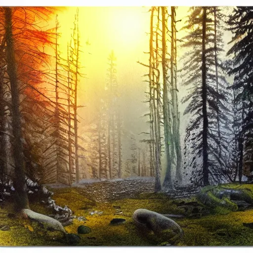 Image similar to sunset nordic forest, sparkling spirits, detailed wide shot, crayon, ground detailed, wet eyes reflecting into eyes reflecting into infinity, beautiful lighting