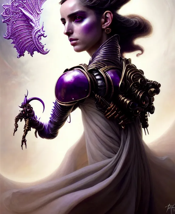 Image similar to beautiful fantasy character portrait, ana de armas, ultra realistic, wide angle, intricate details, the fifth element artifacts, tesseracts, highlights of purple, highly detailed by peter mohrbacher, hajime sorayama, wayne barlowe, boris vallejo, paolo eleuteri serpieri, dishonored 2, white gown, angel wings