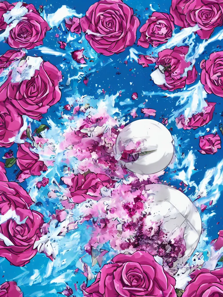 Prompt: hadoken force ball of white and pink roses, flowers exploding and splattering, blue sky, big puffy clouds, spraypaint, wildstyle, totem 2, exploding roses, hodouken, large rose petals, lotus petals, large triangular shapes, studio ghibli anime, radiant lighting, artgerm, manga, trending on artstation, art nouveau, mature colors