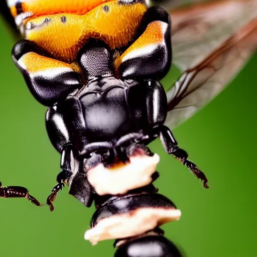 Prompt: a wasp sitting on an ice cream sunday staring angrily at the camera, photograph, realistic