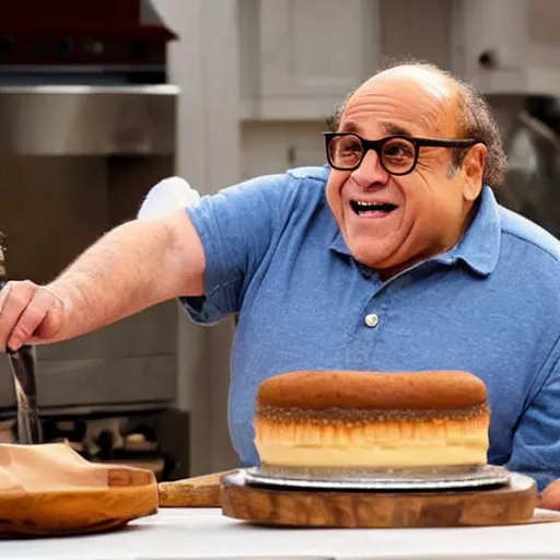 Prompt: danny devito baking a cake on the great british bake off