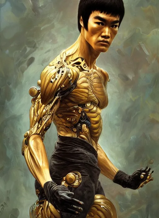 Image similar to bruce lee as a organic cyborg, diffuse lighting, fantasy, intricate, elegant, highly detailed, lifelike, photorealistic, digital painting, artstation, illustration, concept art, smooth, sharp focus, art by john collier and albert aublet and krenz cushart and artem demura and alphonse mucha