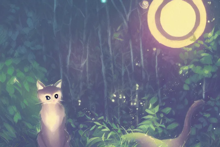 Prompt: a cat in a forest at night with fireflies, backlighting, trending on artstation, furry art, by kawacy, night lighting, digital art, bokeh