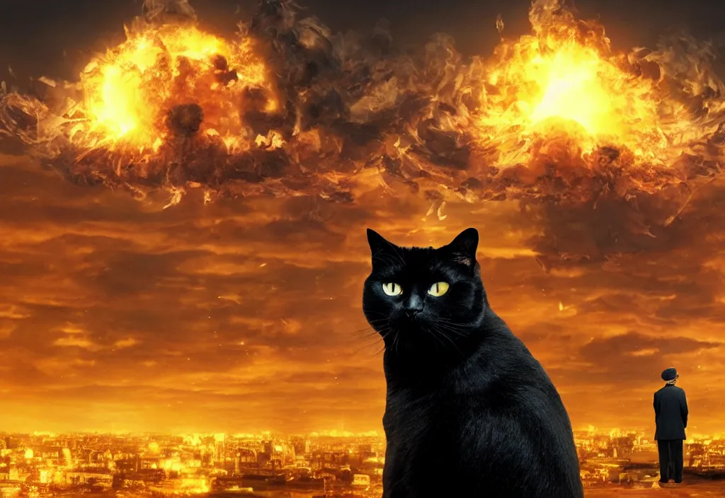 Image similar to old man with ( black cat ) watching nuke explosion cinematic, background blur bokeh, world ending nuke, 4 k