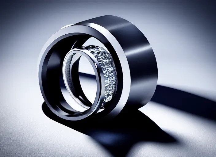 Prompt: futuristic!! diamond wedding ring ( design by porsche!!!!! ), xf iq 4, 1 5 0 mp, 5 0 mm, f / 1. 4, iso 2 0 0, 1 / 1 6 0 s, natural light, octane render, macro shot, symmetrical balance, polarizing filter, sense of depth, ai enhanced