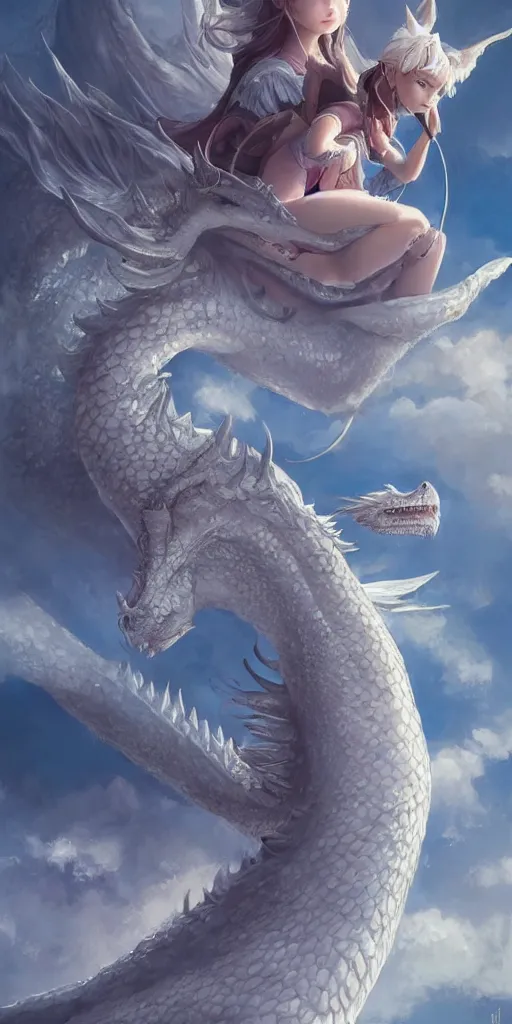 Image similar to the beautiful hyper detailed portrait render that a beautiful princess sitting on the back of a huge silver white dragon alone in fairyland surrounded by white clouds, finely detailed angelic face delicate features, style of studio ghibli, makoto shinkai, raphael lacoste, artgerm, james jean, ross tran, animation style, hd, ultra wide angle