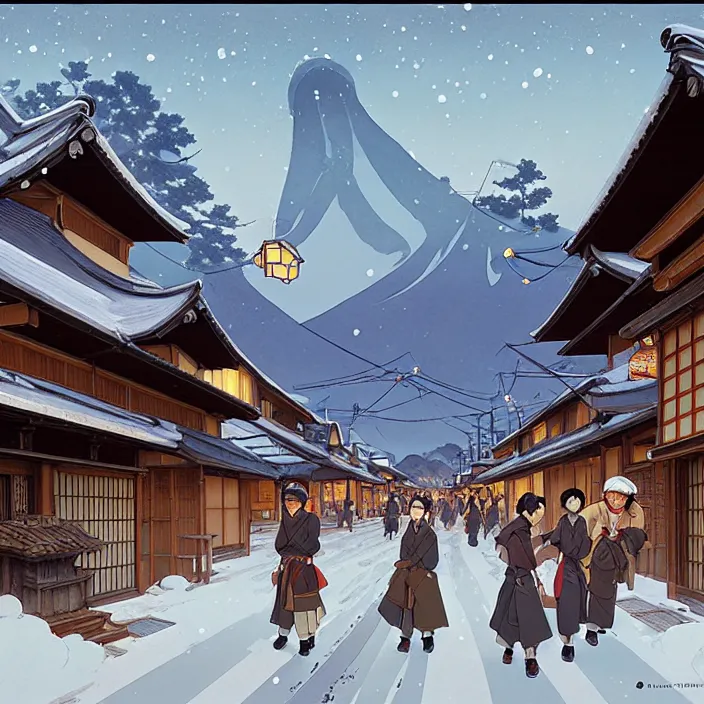 Image similar to japanese rural town, winter, in the style of studio ghibli, j. c. leyendecker, greg rutkowski, artem