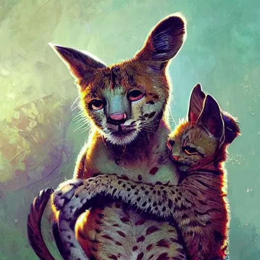 Prompt: serval cat being hugged by a koala, digital illustration portrait design, by android jones and greg rutkowski, retrowave color scheme, detailed, cinematic lighting, wide angle action dynamic portrait