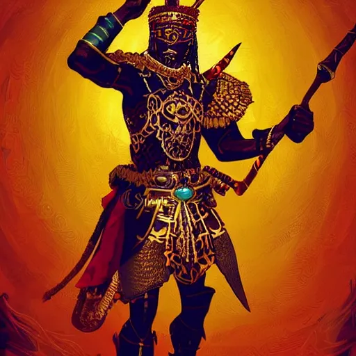 Image similar to a young black boy dressed like an african moorish warrior in gold armor and a crown with a ruby, posing with a very ornate glowing electric spear!!!! at night, for honor character digital illustration portrait design, by android jones in a psychedelic fantasy style, dramatic lighting, hero pose, wide angle dynamic portrait