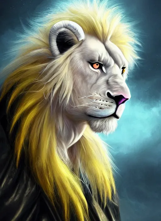 Image similar to aesthetic portrait commission of a of a male fully furry muscular anthro albino lion with a tail and a beautiful attractive hyperdetailed face wearing stylish and creative torn open black and yellow heavy outfit in a sci-fi dystopian city at golden hour while it storms in the background with bright police sirens lighting up the subject. Character design by charlie bowater, ross tran, artgerm, and makoto shinkai, detailed, inked, western comic book art, 2021 award winning painting