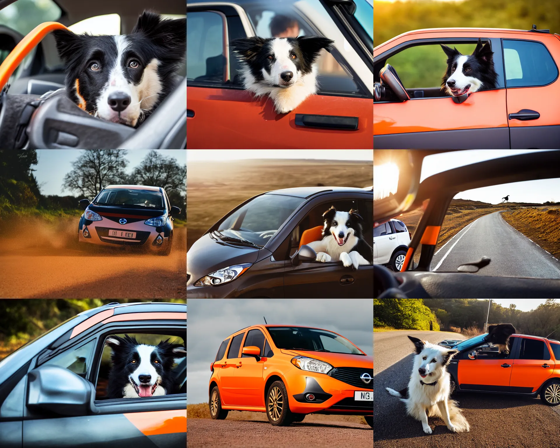 Prompt: border collie dog in the driver's seat of an orange nissan note, paws on wheel, car moving fast, rally driving photo, award winning photo, golden hour, front of car angle