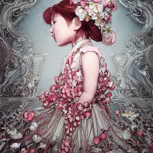 Image similar to the portrait of an absurdly beautiful, graceful, elegant, sophisticated, fashionable little girl made of strawberries and white petals looking down, an ultrafine hyperdetailed illustration by kim jung gi, irakli nadar, intricate linework, bright colors, octopath traveler, final fantasy, unreal engine 5 highly rendered, global illumination, radiant light, detailed and intricate environment