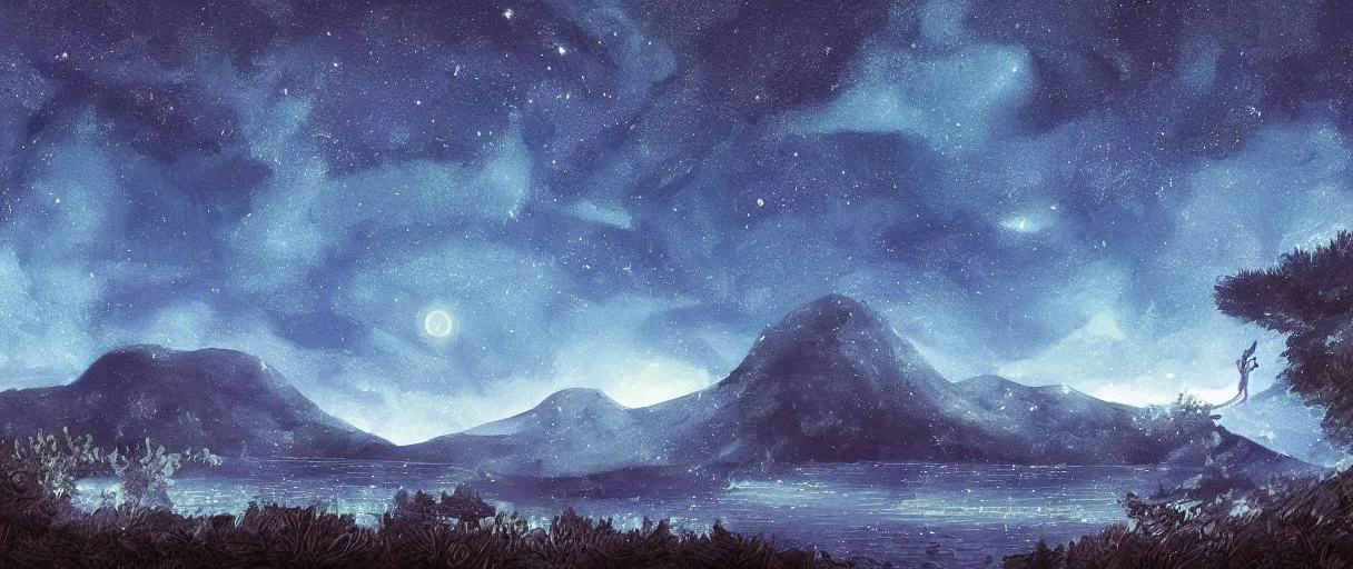 Image similar to digital painting of a ultra detailed night sky with constellations, very beautiful girl swimming in a blue pool, detailed water ripples, Perseides meteor shower, ultra detailed hill top over behind a forest, large mountains in back, concept art, low angle, high detail, warm lighting, volumetric, godrays, vivid, beautiful, trending on artstation, by Jordan Grimmer, no focus, huge scene, ultra detailed trees, F11 aperture, in the style of ALBERT BIERSTADT