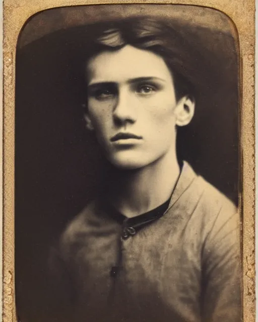 Image similar to tintype photo of alyosha karamazov, handsome innocent young russian man, by julia margaret cameron 1 8 8 0 s, realistic, body shot, sharp focus, 8 k high definition, insanely detailed, intricate, elegant