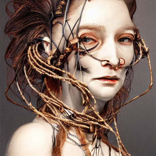 Image similar to portrait of a Shibari barbed wire wrapped face and neck, headshot, insanely nice professional hair style, dramatic hair color, digital painting, of a old 17th century, old cyborg merchant, amber jewels, baroque, ornate clothing, scifi, realistic, hyperdetailed, chiaroscuro, concept art, art by Franz Hals and Jon Foster and Ayami Kojima and Amano and Karol Bak,