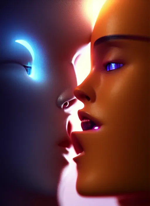 Image similar to ultra realistic close - up of a 3 d render beautiful couple of robots kissing, cyberpunk, sci - fi, fantasy, kodak, flare, octane render, colour led, soft light, volumetric lighting, night, intricate, highly detailed, digital painting, concept art, smooth, sharp focus, illustration, art by artgerm and greg rutkowski and alphonse mucha