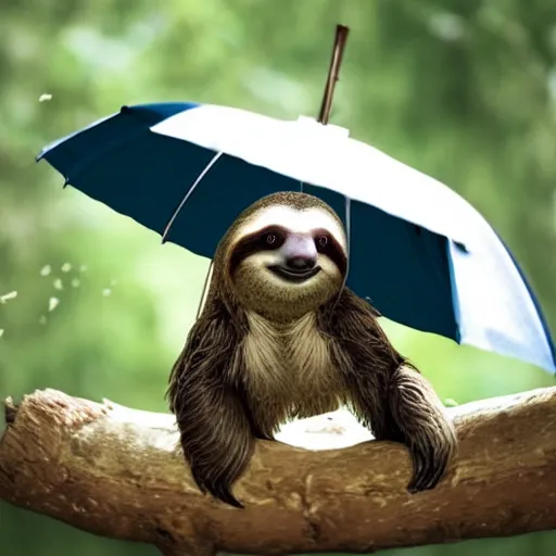 Prompt: photo of a cute sloth under an umbrella