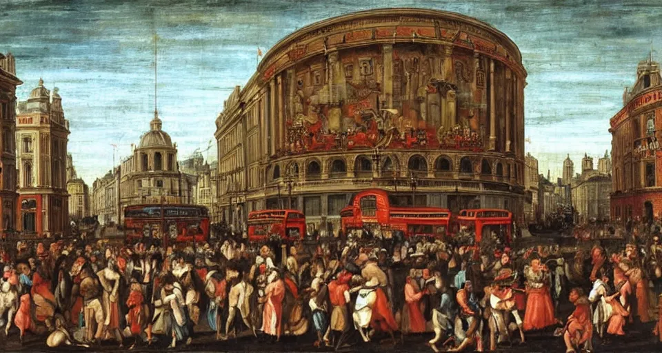 Prompt: piccadilly circus, london as painted by raphael in 1 5 1 1, renaissance, broad daylight