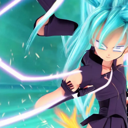 Prompt: Hatsune Miku going super Saiyan