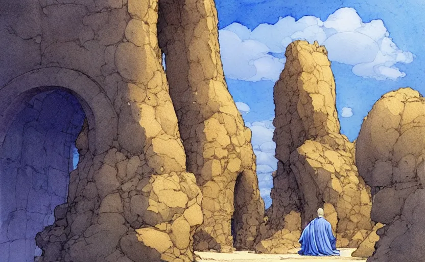 Prompt: a hyperrealist watercolour concept art of a large rock arch dimensional portal showing a clear blue sky. a medieval monk in grey robes is kneeling in prayer below it on a desert road at night. by rebecca guay, michael kaluta, charles vess and jean moebius giraud. high detail, hq, wide shot